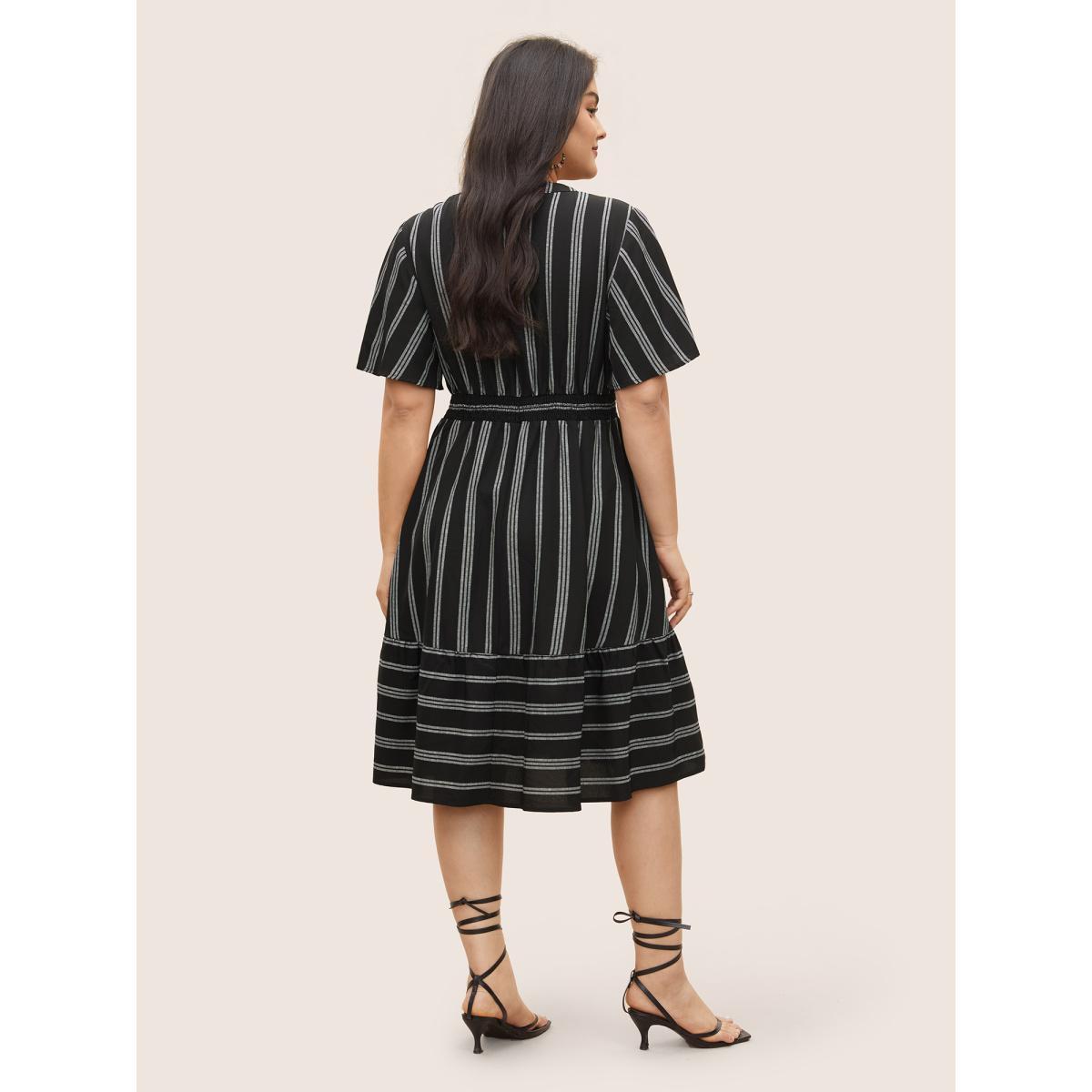Plus Size Striped Patchwork Tassels Ties Shirred Dress Black Women Boho Non V-neck Short sleeve Curvy Midi Dress BloomChic 14-16/1X Product Image