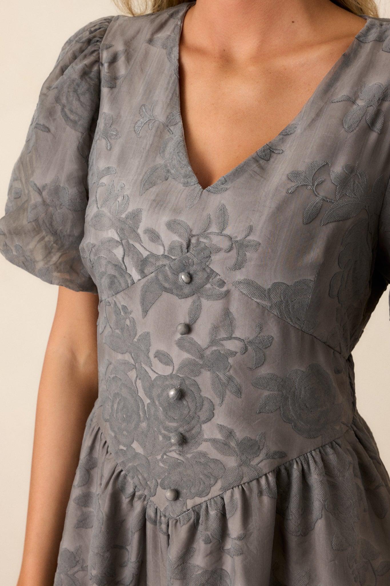 Faded Blossoms Grey Floral Puff Sleeve Midi Dress Product Image