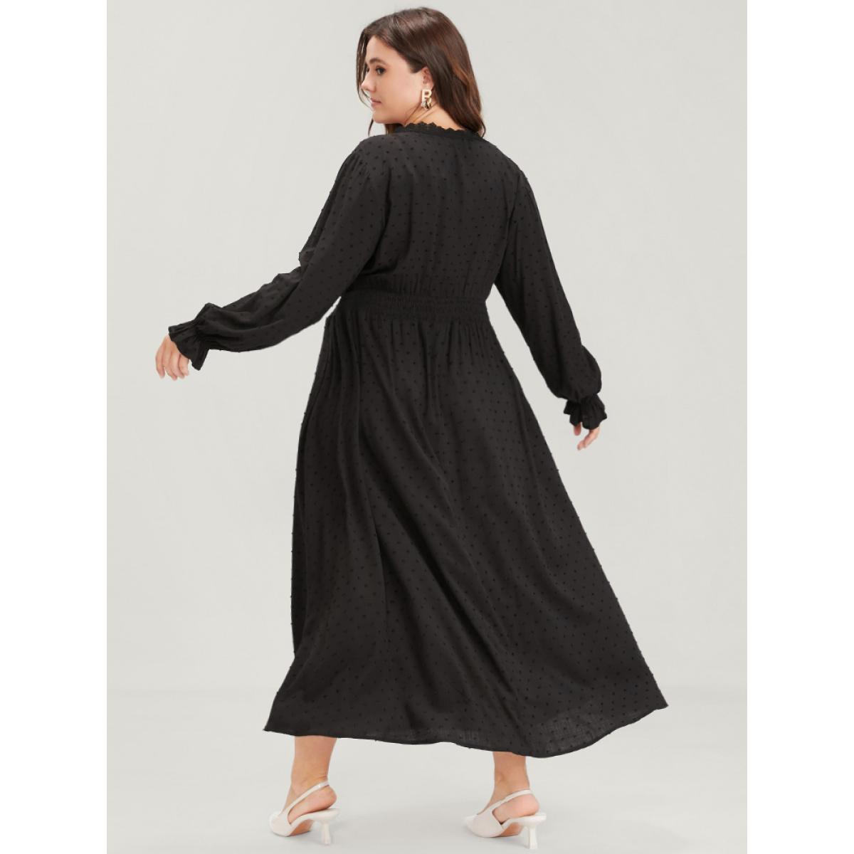 Plus Size Polka Dot Pocket Lantern Sleeve Lace Trim Shirred Dress Black Women Elegant Cross straps V-neck Long Sleeve Curvy Long Dress BloomChic 18-20/2X Product Image