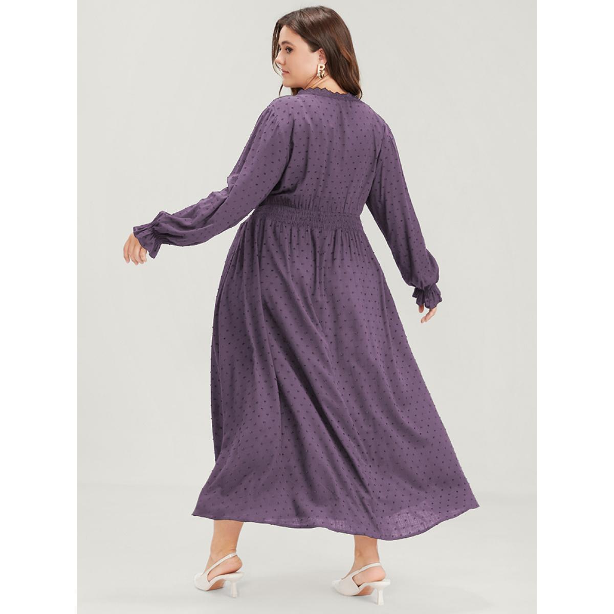 Plus Size Polka Dot Pocket Lantern Sleeve Lace Trim Shirred Dress Mauve Women Elegant Cross straps V-neck Long Sleeve Curvy Long Dress BloomChic 18-20/2X Product Image