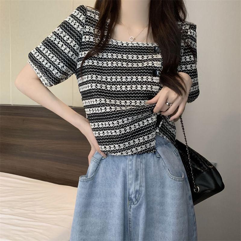 Puff-Sleeve Square Neck Patterned Asymmetrical Blouse Product Image