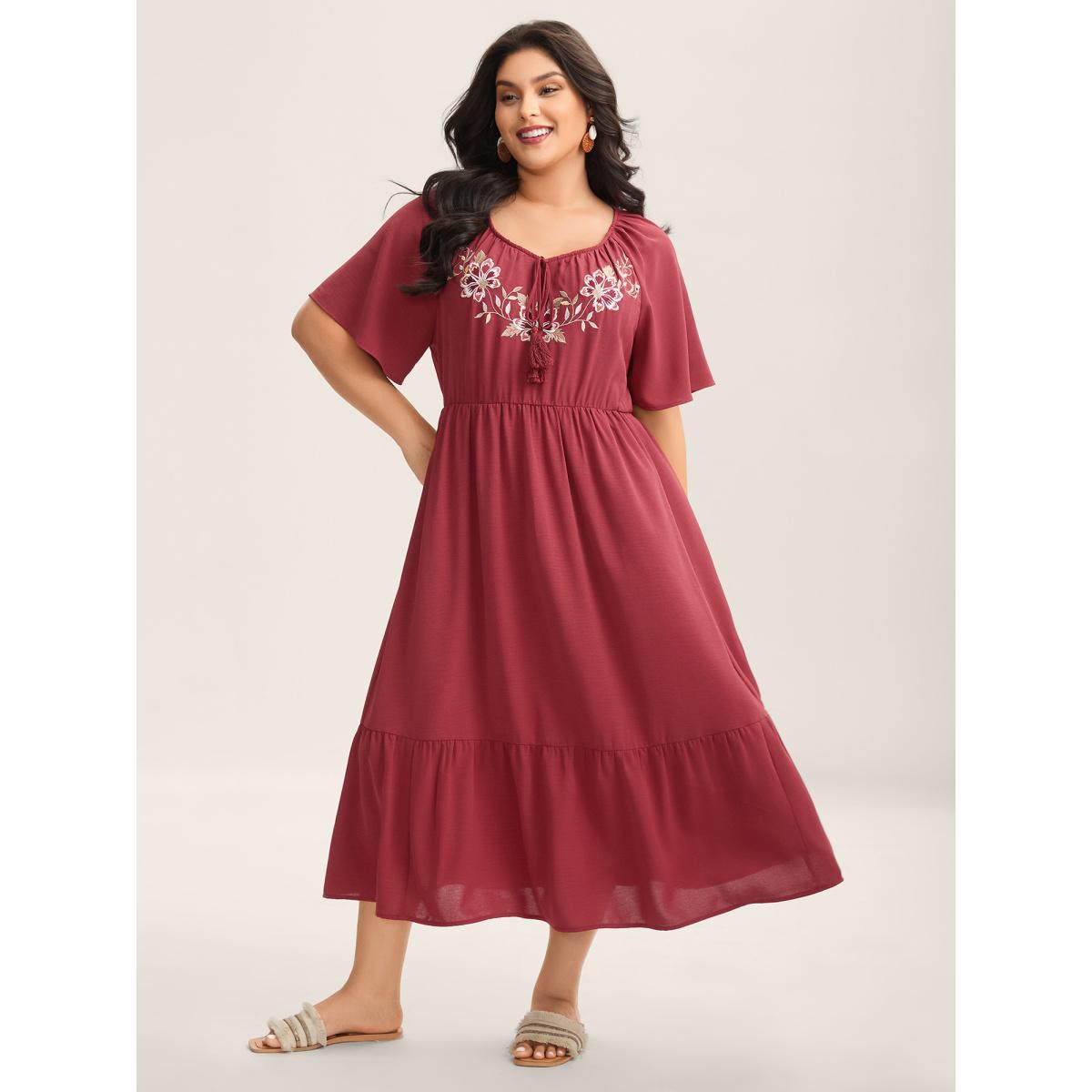 Plus Size Floral Embroidery Solid Tiered Midi Dress Russet Women Square Neck Short sleeve Curvy BloomChic 22-24/3X Product Image