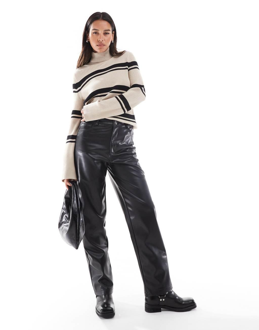 Pieces striped roll neck top in beige and black Product Image