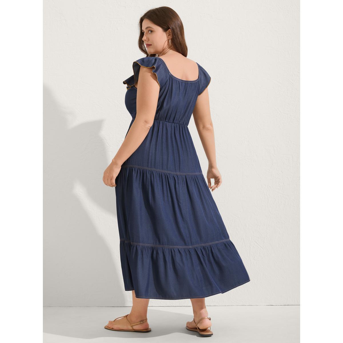 Plus Size Denim-Like Ruffled Tiered Midi Dress Indigo Women Boho Square Neck Cap Sleeve Curvy BloomChic 14-16/1X Product Image