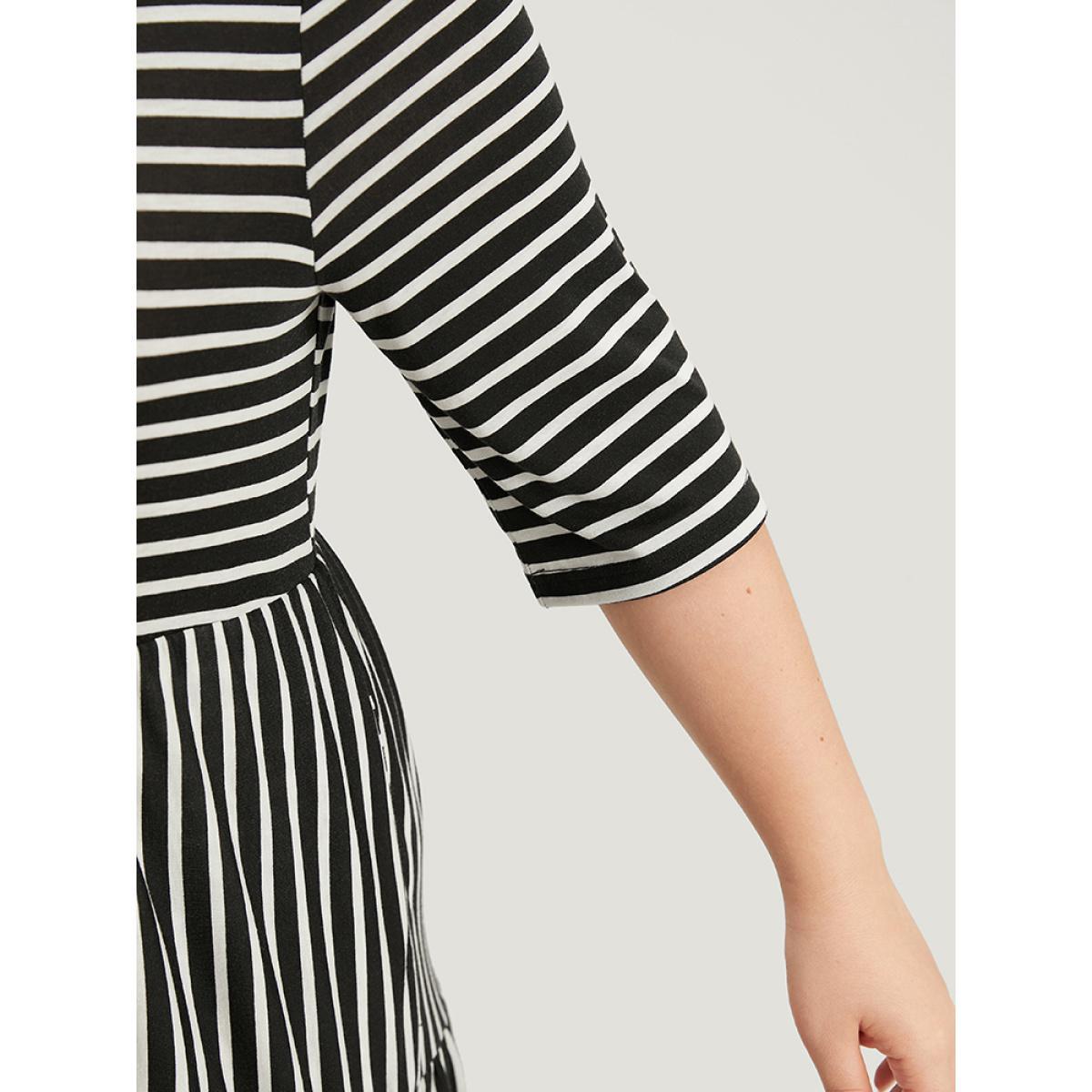 Plus Size Striped Crew Neck Ruffle Layered Hem Dress Black Women Casual Printed Round Neck Half Sleeve Curvy Midi Dress BloomChic 18-20/2X Product Image