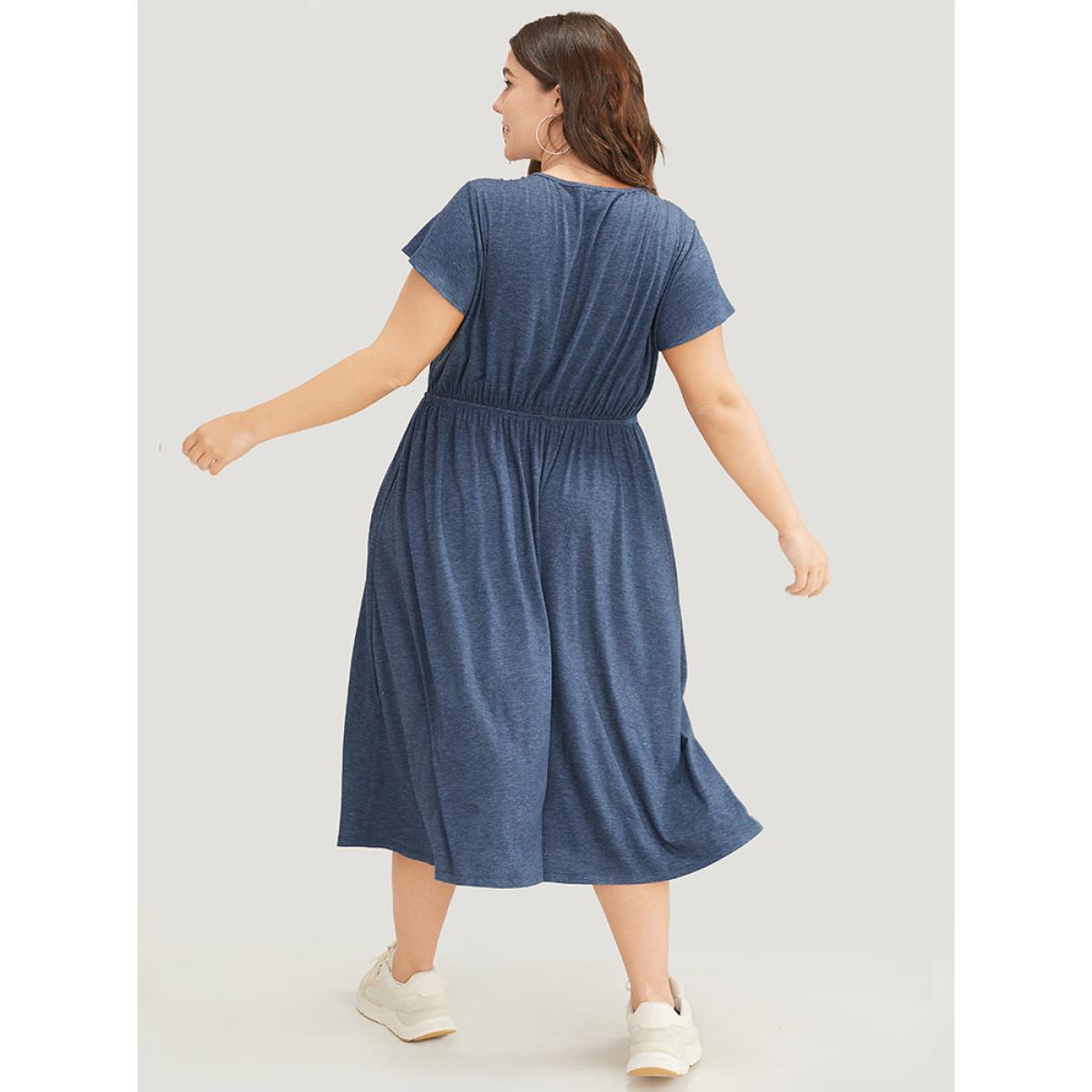 Plus Size Plain Gathered Pocket Round Neck Ruffle Sleeve Dress DarkBlue Women Office Gathered Round Neck Short sleeve Curvy Midi Dress BloomChic 18-20/2X Product Image