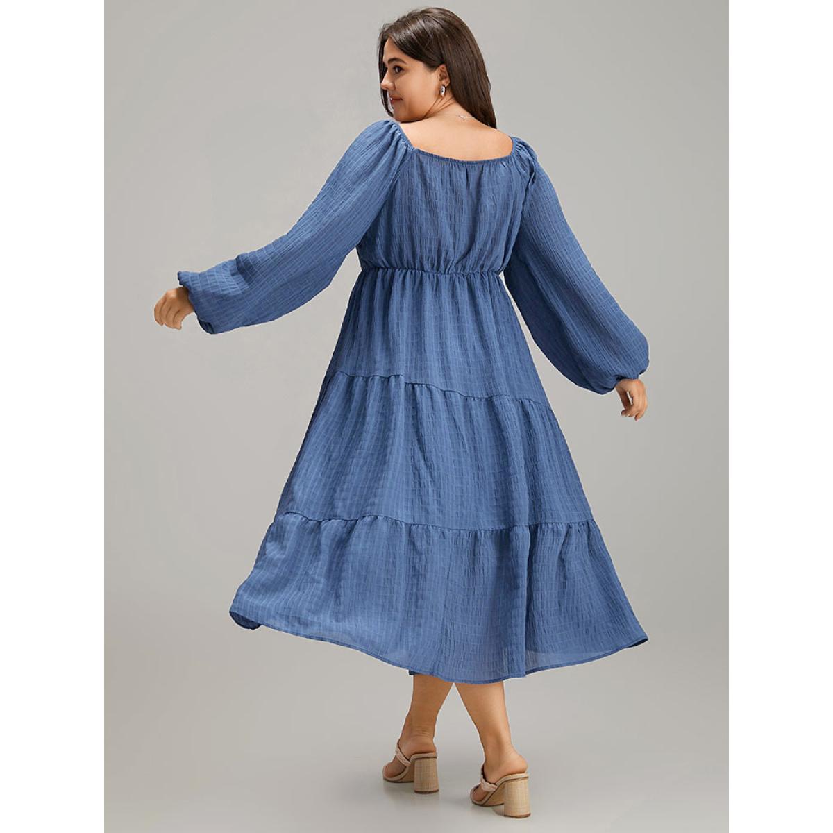 Plus Size Plisse Twist Front Layered Hem Dress Cerulean Women Elegant Elastic cuffs Square Neck Long Sleeve Curvy Midi Dress BloomChic 12/L Product Image
