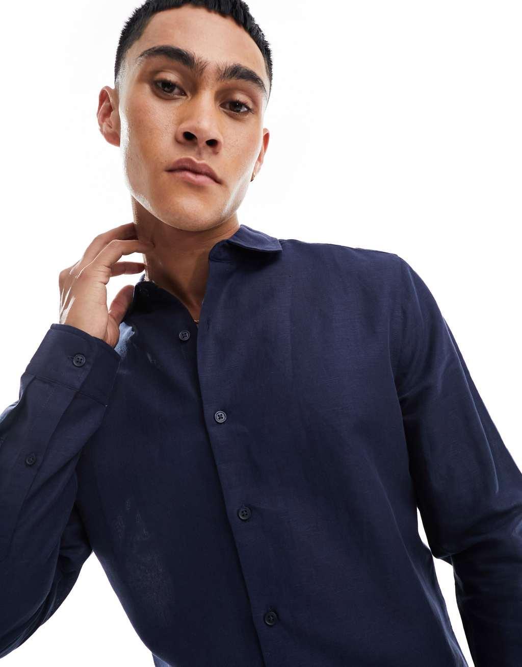 ASOS DESIGN smart linen shirt with cutaway collar in navy Product Image