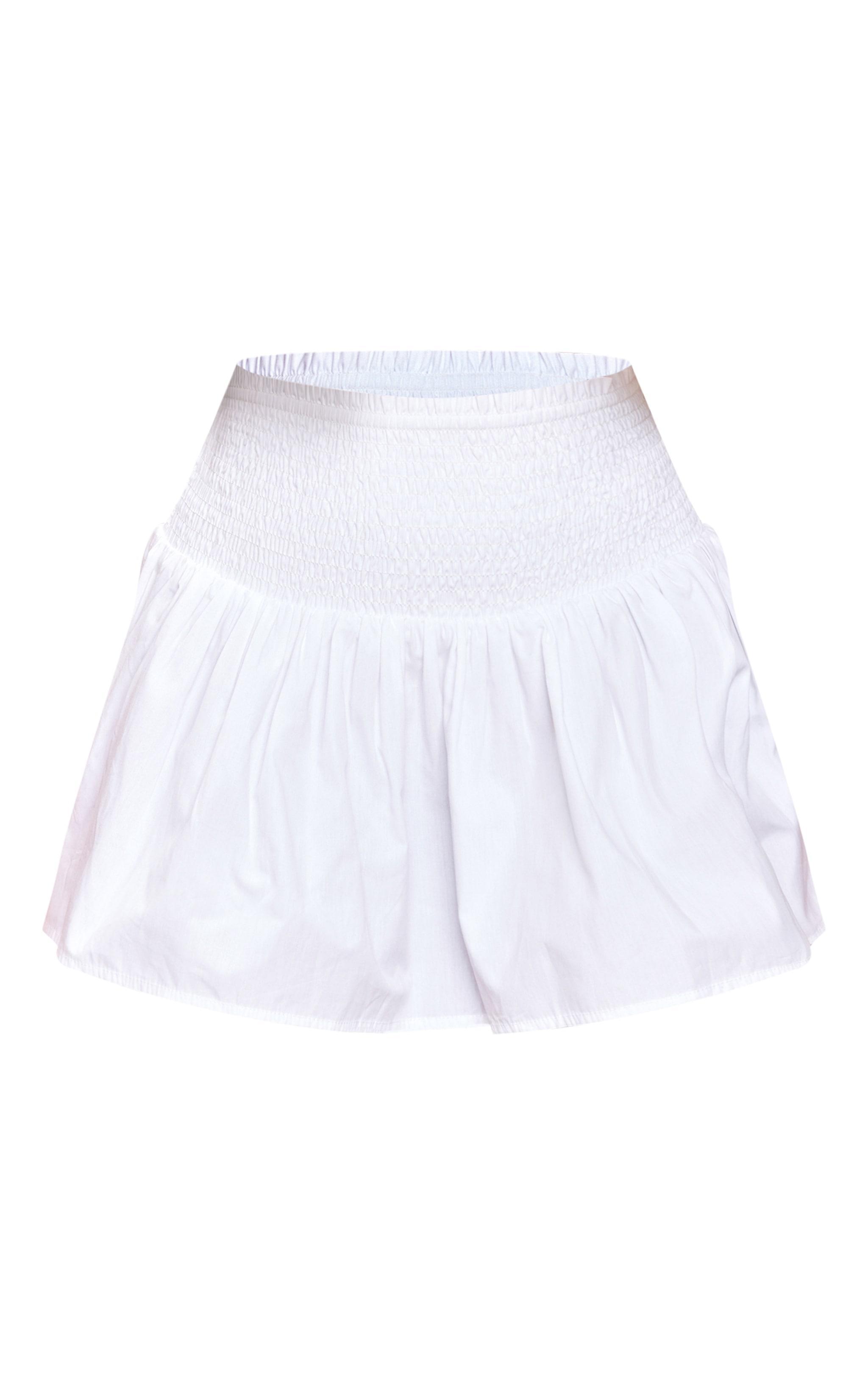 White Cotton Poplin Shirred Waist Mini Skirt Product Image