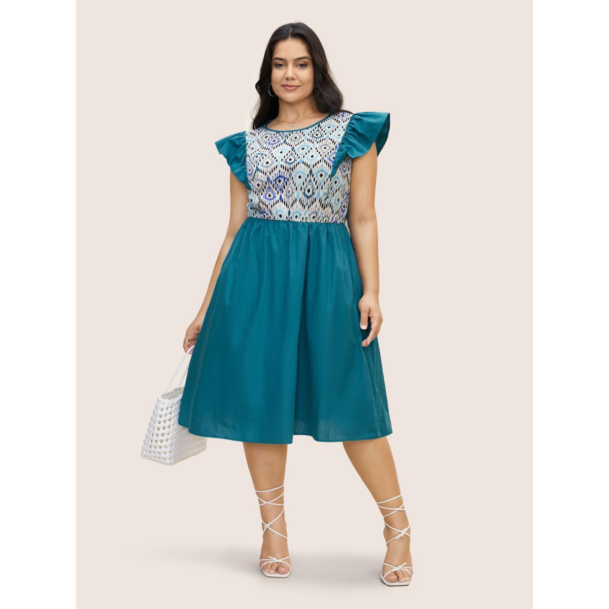 Plus Size Geometric Print Patchwork Cap Sleeve Dress Aegean Women Resort Round Neck Cap Sleeve Curvy BloomChic 10/M Product Image