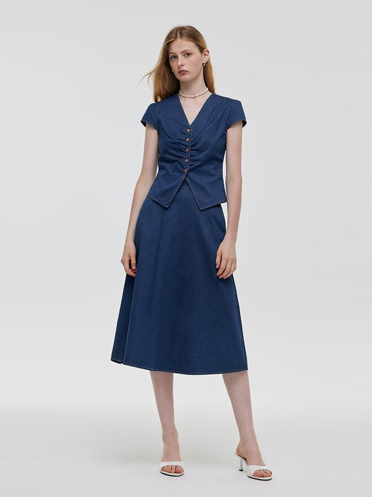 Pre-Order Denim V-Neck Top And Midi Skirt Two-Piece Set Product Image