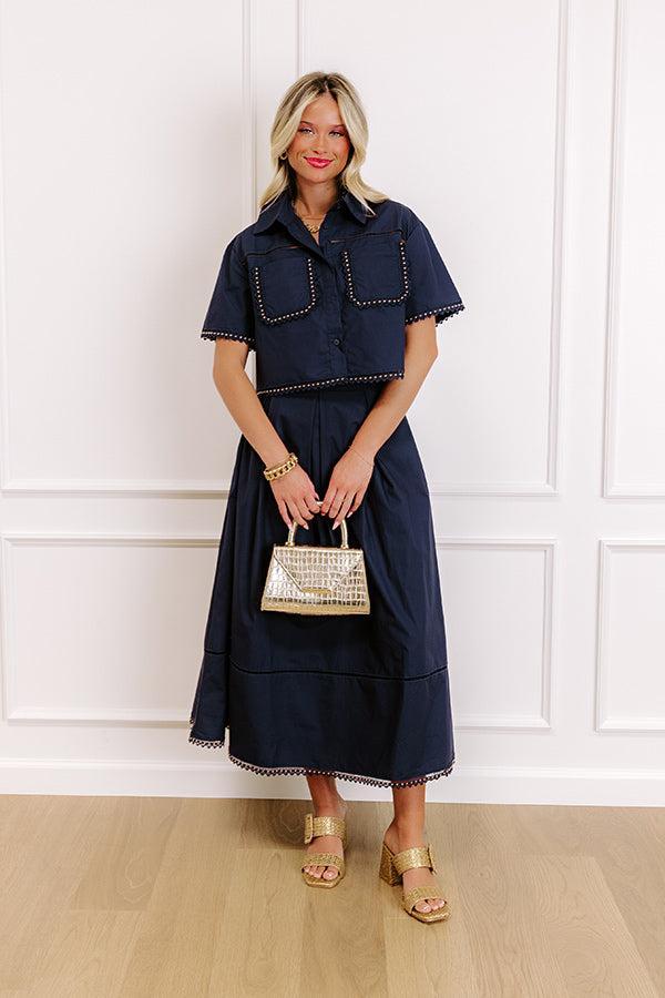 Courtyard Brunch Embellished Crop Top in Navy Product Image