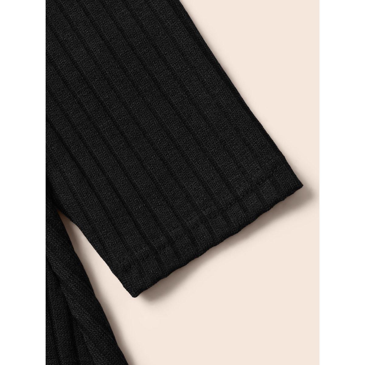 Plus Size Solid Pocket Rib Knit Ruffle Hem Dress Without Belt Black Women Basics Non Round Neck Long Sleeve Curvy Midi Dress BloomChic 12/L Product Image