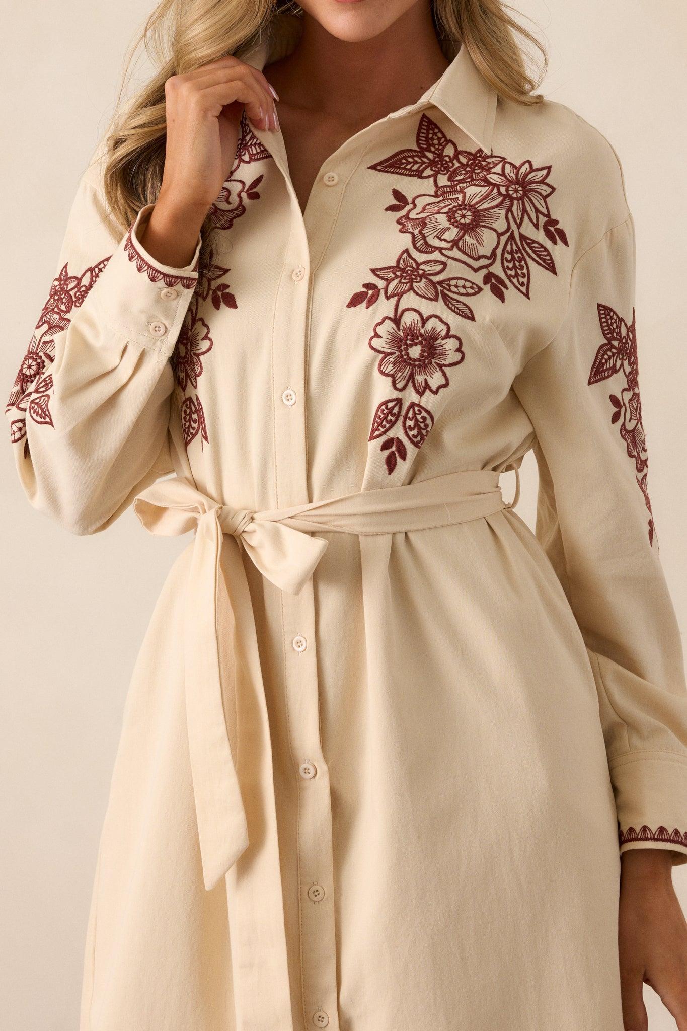 Leaves Of Tomorrow Cotton Oatmeal Long Sleeve Midi Dress Product Image