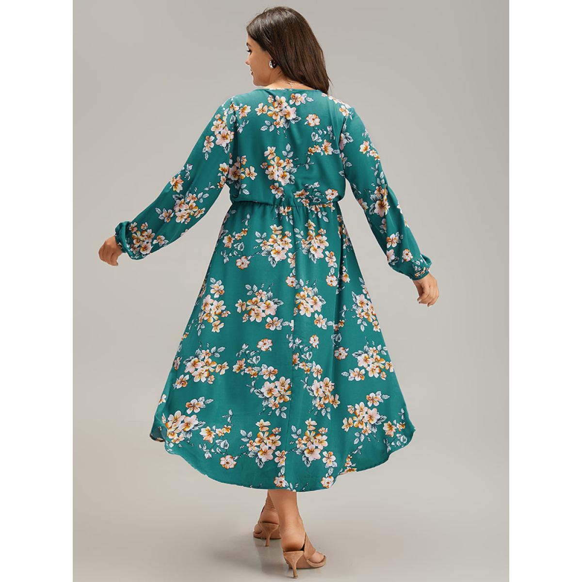Plus Size Floral Lantern Sleeve High Low Hem Dress DarkBlue Women Elegant Elastic cuffs V-neck Long Sleeve Curvy Midi Dress BloomChic 10/M Product Image
