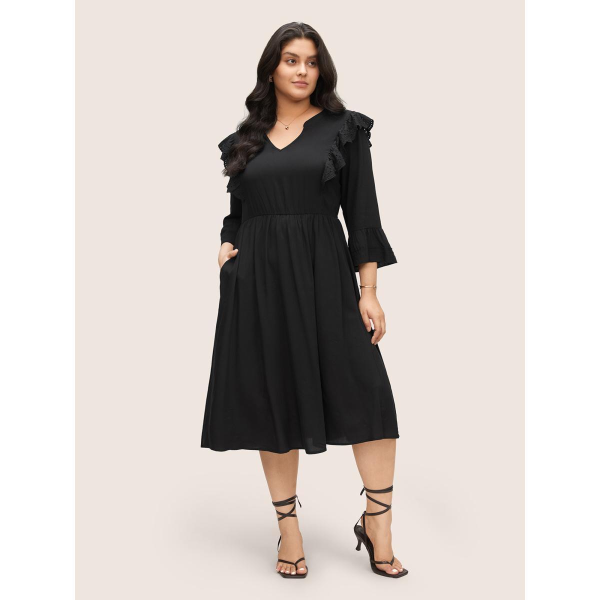 Plus Size Solid Laser Cut Flutter Trim Bell Sleeve Dress Black Women Elegant Non Notched collar Elbow-length sleeve Curvy Knee Dress BloomChic 28/5X Product Image