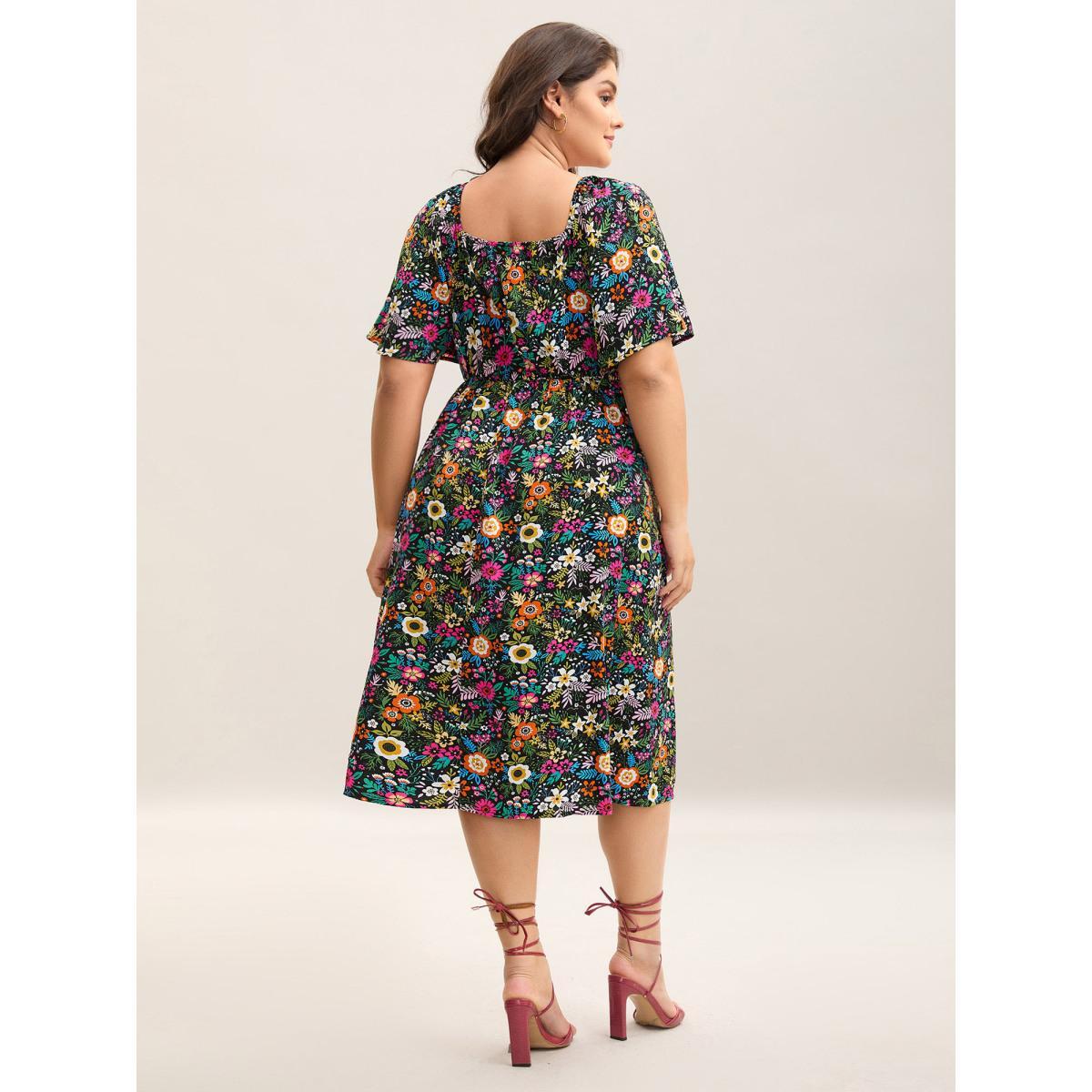 Plus Size Bold Floral Print Pockets Midi Dress Black Women Timeless Square Neck Short sleeve Curvy BloomChic 14-16/1X Product Image