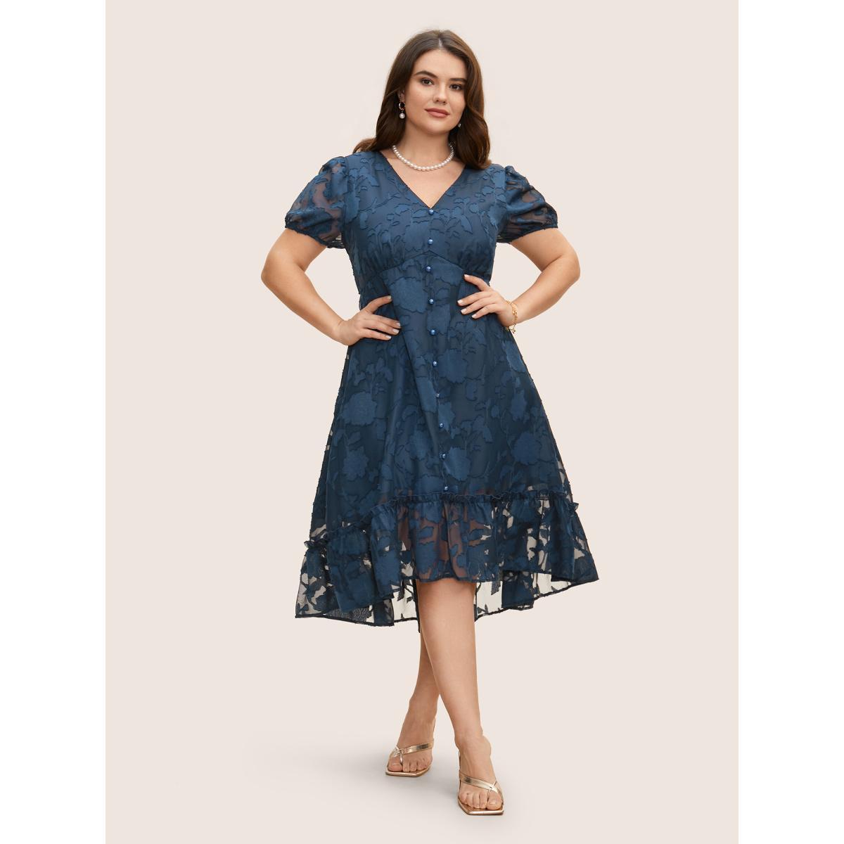 Plus Size Textured Mesh Puff Sleeve Button Detail Dress DarkBlue Women Elegant Texture V-neck Short sleeve Curvy BloomChic 14-16/1X Product Image