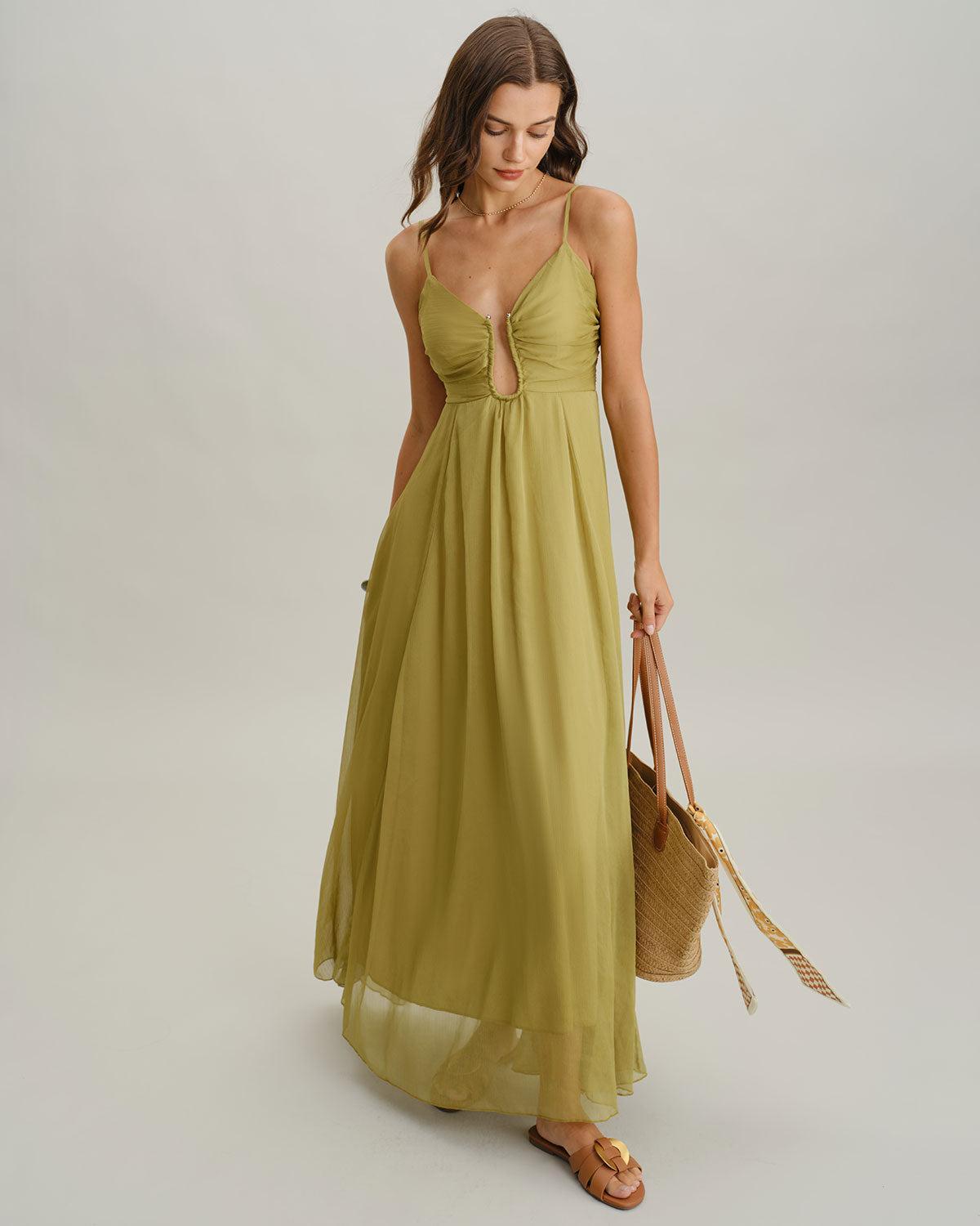 Green Flowy Slip Maxi Dress Product Image