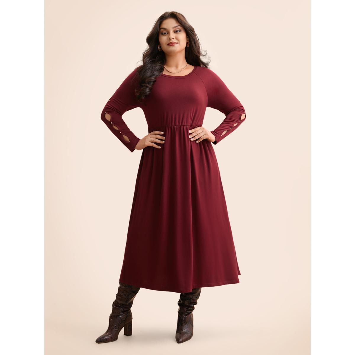 Plus Size Pearl Beaded Cut Out Midi Dress Burgundy Women Elegant Beaded Round Neck Long Sleeve Curvy BloomChic 10/M Product Image