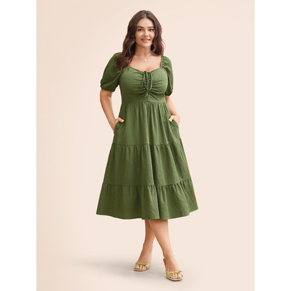 Plus Size Textured Drawstring Ruffle Layered Hem Dress ArmyGreen Women Elegant Texture Heart neckline Short sleeve Curvy BloomChic 22-24/3X Product Image