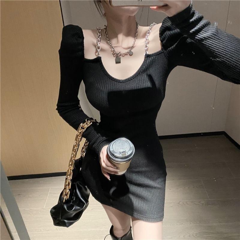 Long-Sleeve V-Neck Plain Chain Strap Ribbed Knit Mini Bodycon Dress Product Image