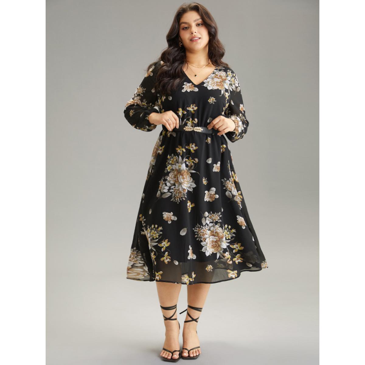 Plus Size Chiffon Floral Print Pocket Mesh Dress Black Women Elegant Elastic cuffs V-neck Long Sleeve Curvy Midi Dress BloomChic 12/L Product Image