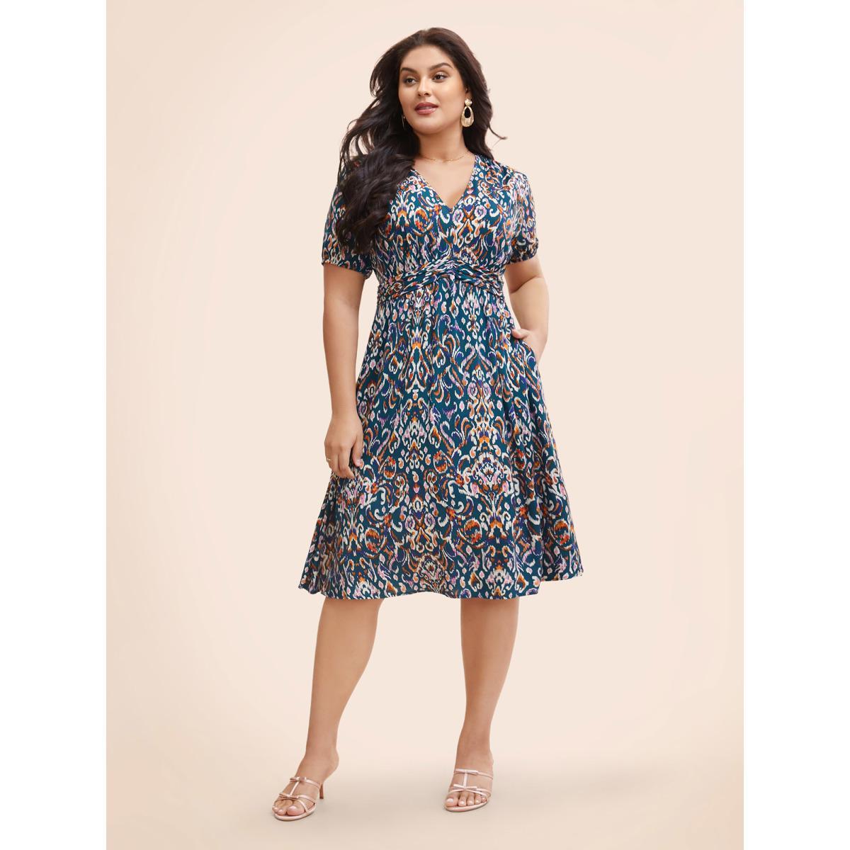 Plus Size Bandana Print V Neck Shirred Gathered Dress Aegean Women Elegant Gathered V-neck Short sleeve Curvy BloomChic 22-24/3X Product Image