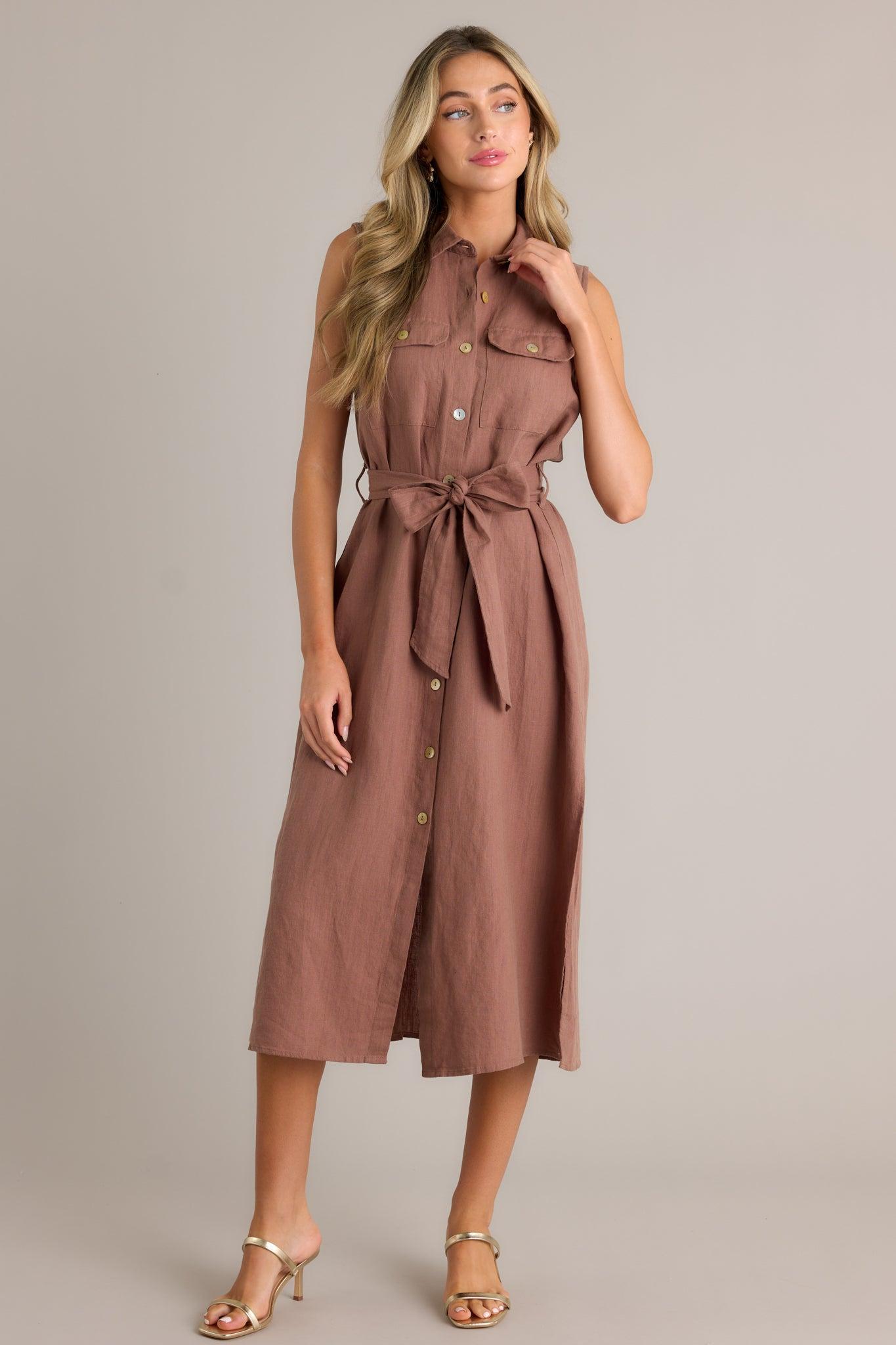 Timeless Grace Brown Tie-Front Midi Dress Product Image