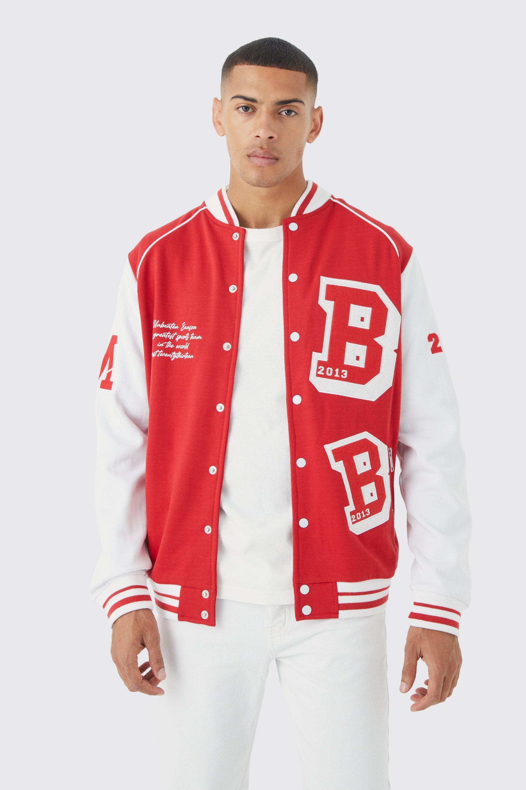 Mens Red Jersey Varsity Bomber Jacket, Red Product Image