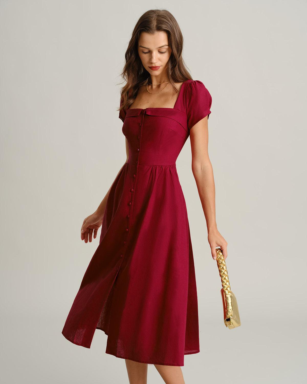 Wine Red Square Neck A-Line Midi Dress Product Image
