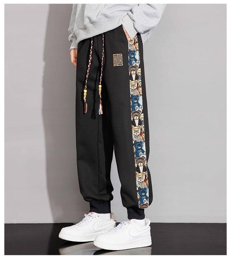 Drawstring Waist Bear Print Embroidered Waffle Cropped Harem Sweatpants Product Image