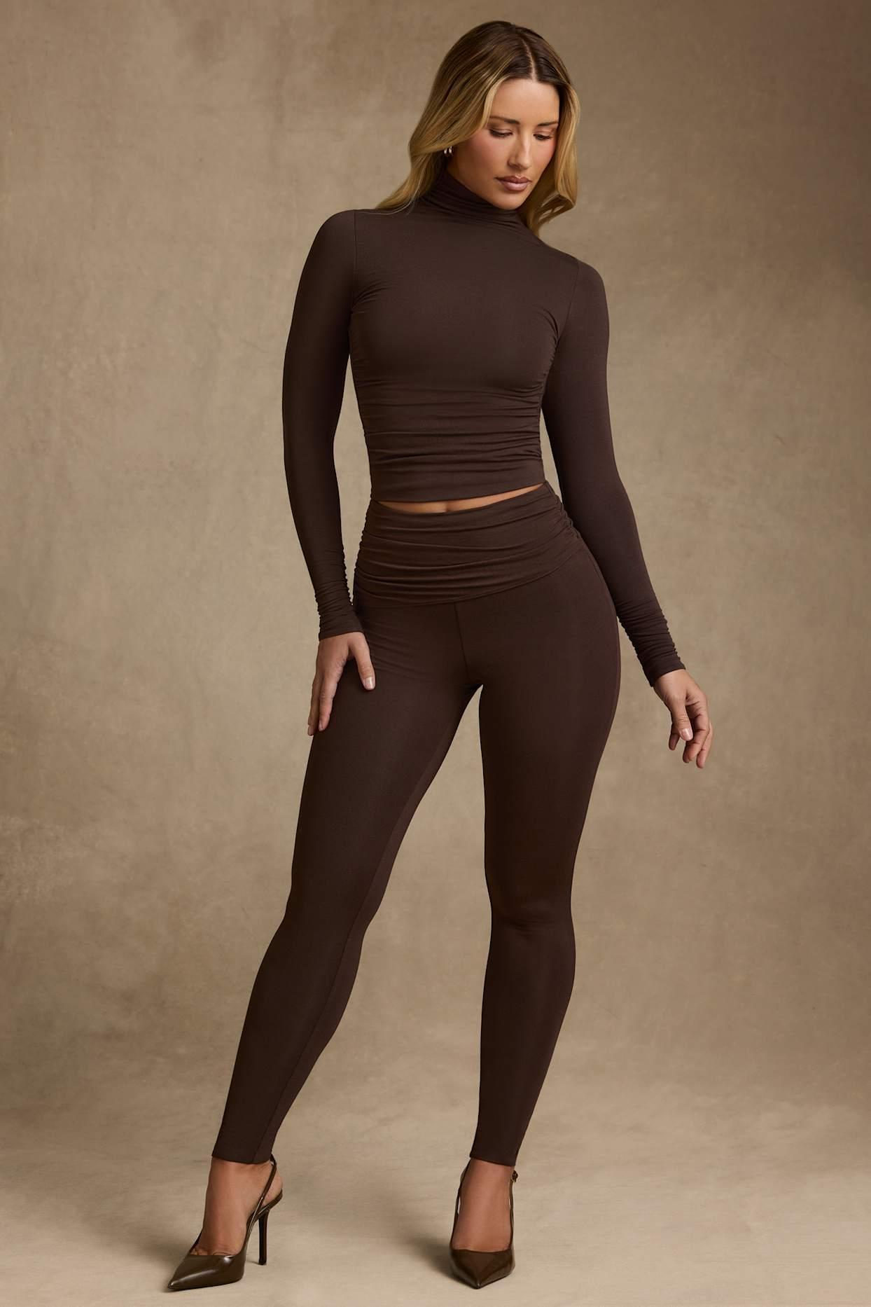 Modal Ruched Mid-Rise Leggings in Chocolate Brown Product Image