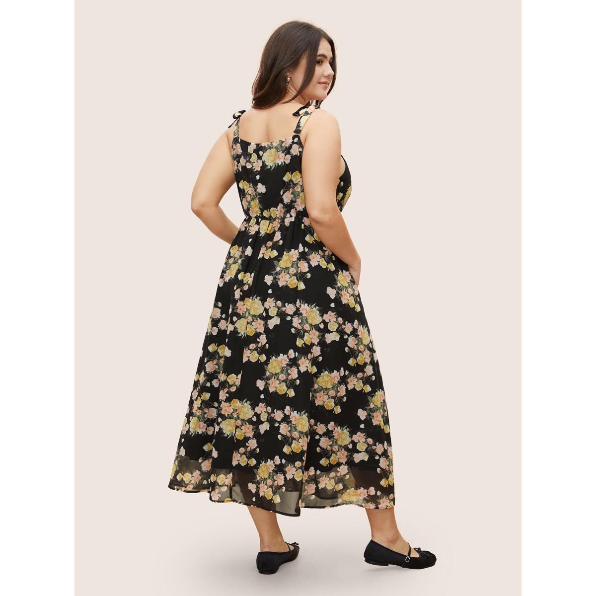 Plus Size Floral Tie Knot Elastic Waist Dress Black Women Formal Tie knot V-neck Sleeveless Curvy BloomChic 30/6X Product Image