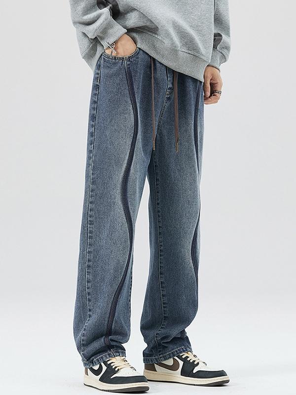 Men's Vintage Top-stitching Drawstring Loose Jeans Product Image