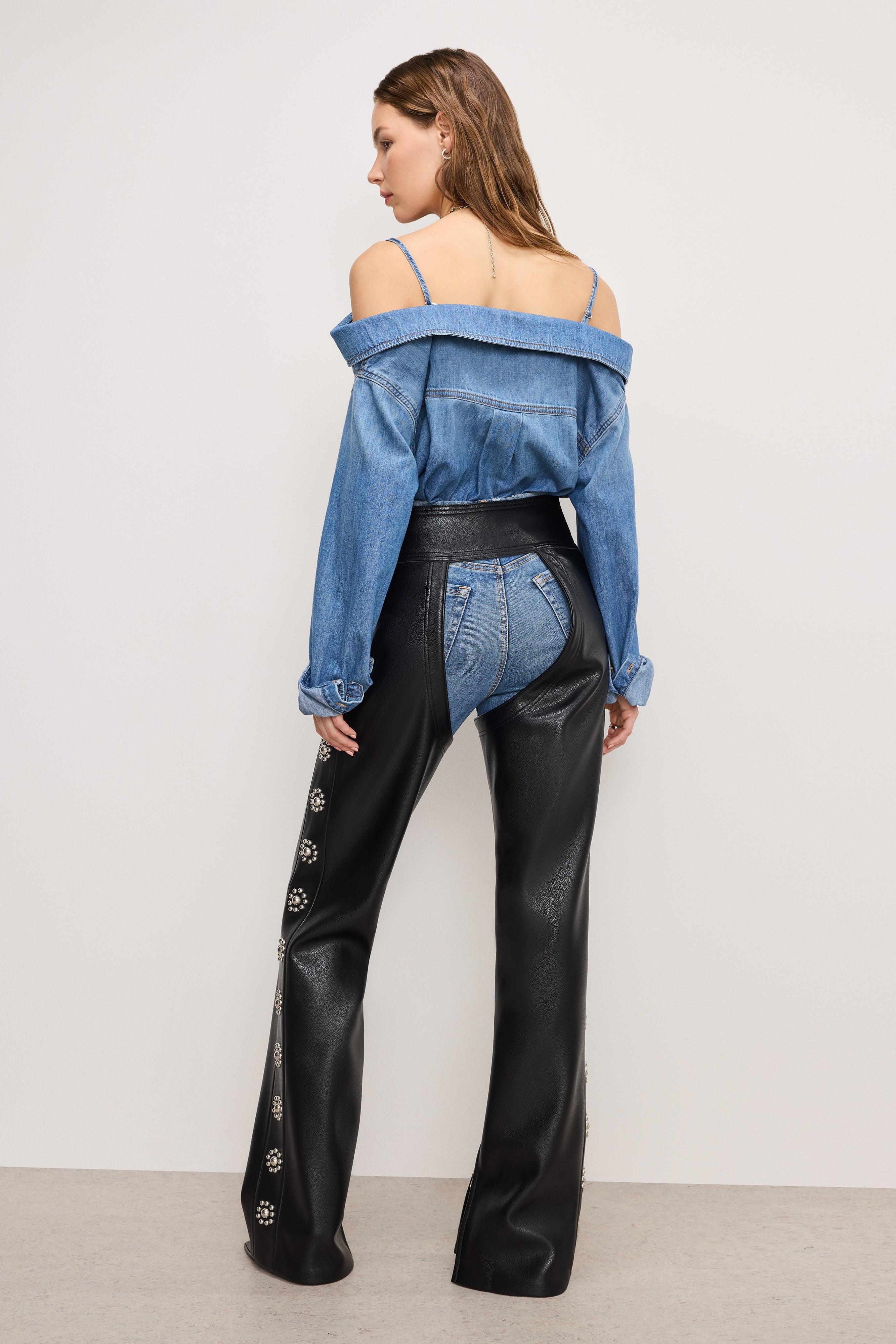 STUDDED FAUX LEATHER CHAPS | BLACK001 Product Image