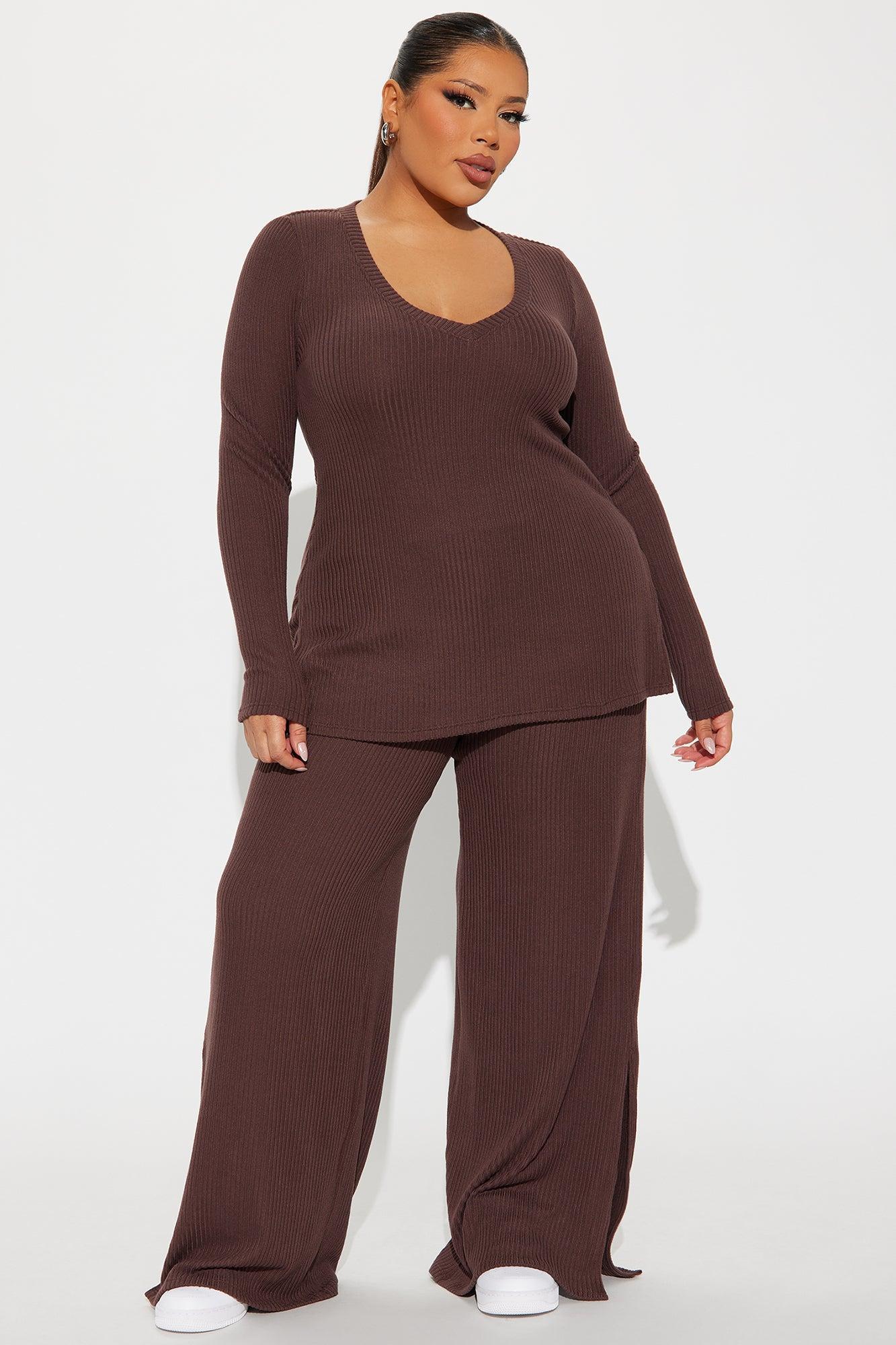 Maya Cozy Ribbed Pant Set - Brown Product Image