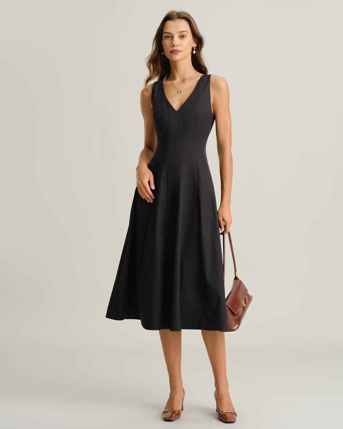 Black V Neck Sleeveless Midi Dress Product Image