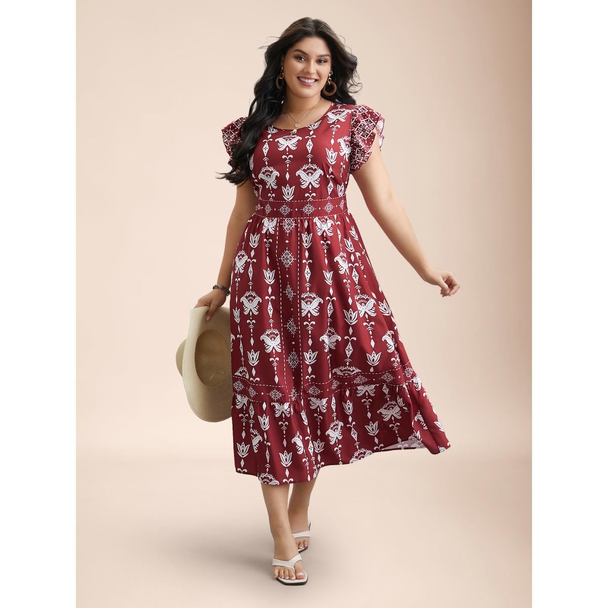 Plus Size Boho Print Stretchy-Waist Ruffled Midi Dress Russet Women Resort Shirred Round Neck Cap Sleeve Curvy BloomChic 26/4X Product Image
