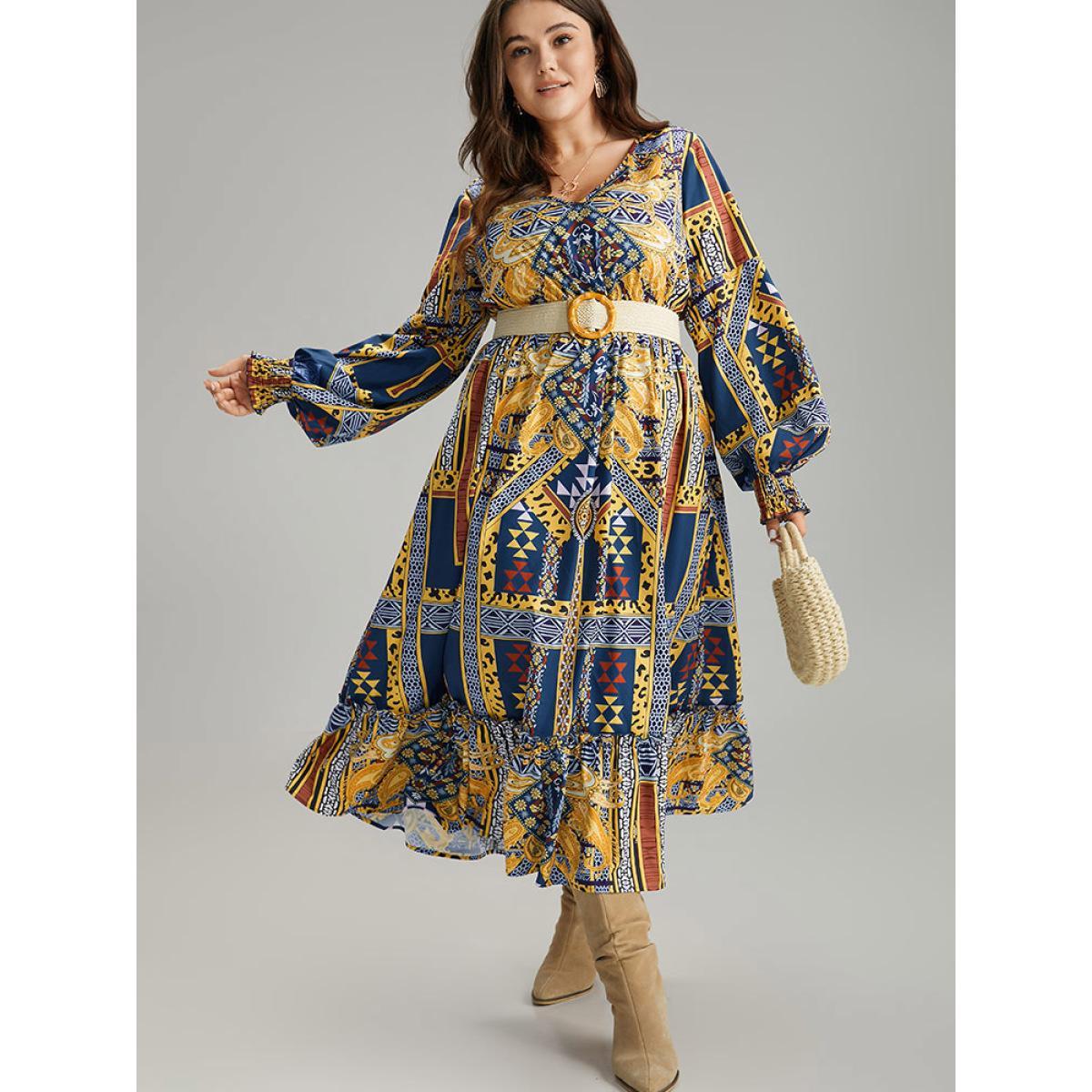 Plus Size Boho Print Shirred Pocket Ruffle Hem Dress DarkBlue Women Vacation Printed V-neck Long Sleeve Curvy Midi Dress BloomChic 12/L Product Image