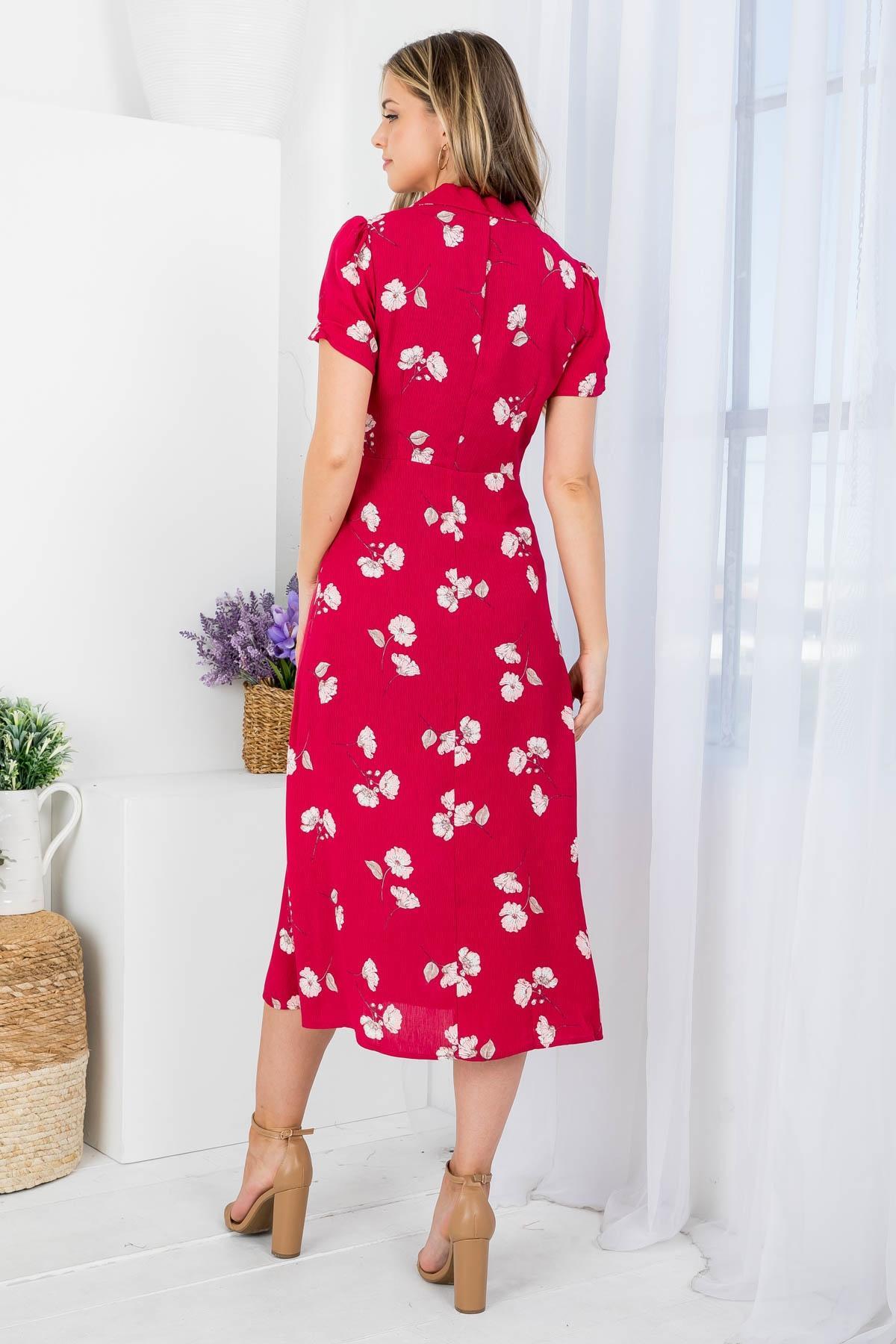 Floral Wine Buttons Midi Dress Product Image