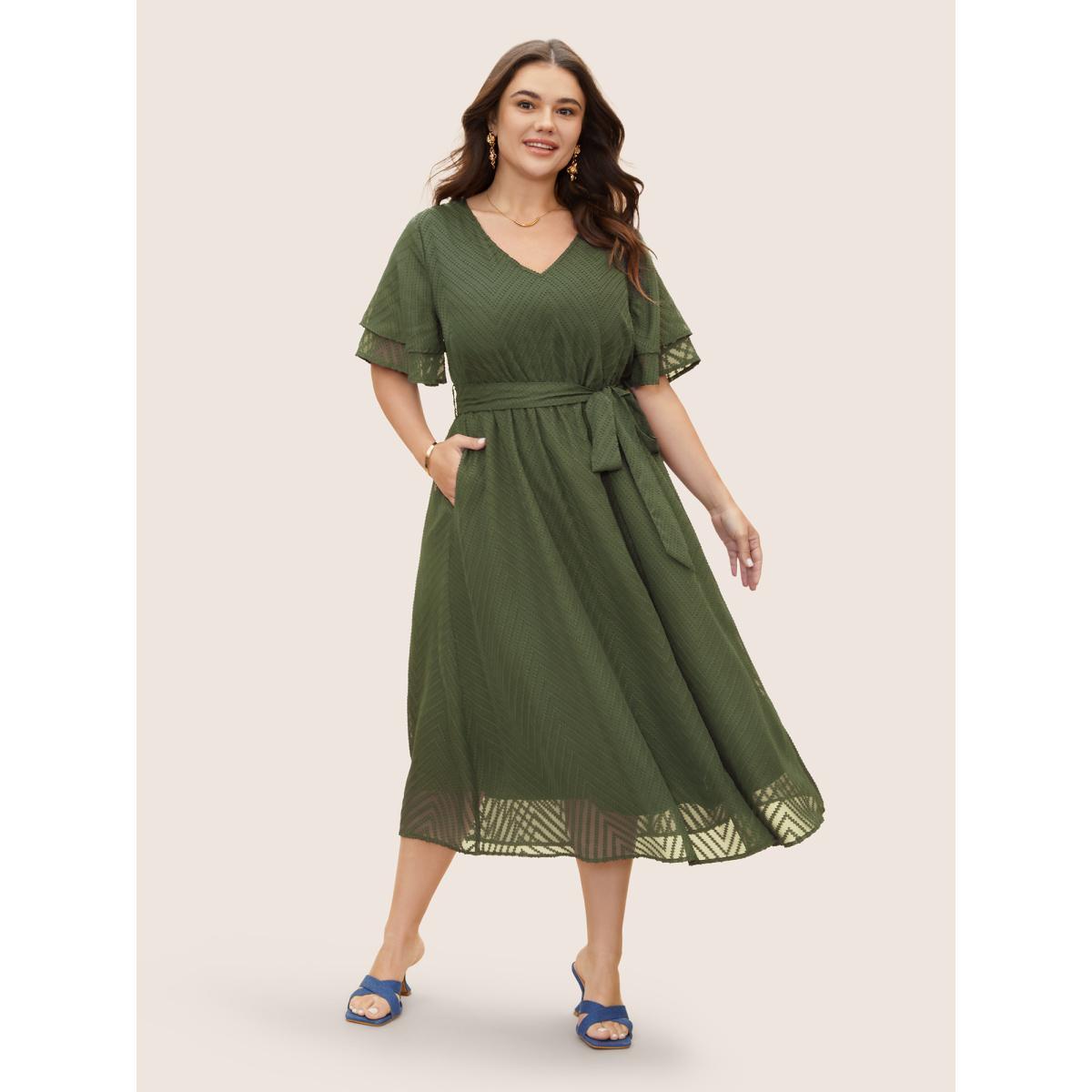 Plus Size Texture Tiered Ruffle Sleeve See Through Dress ArmyGreen Women Elegant Texture V-neck Half Sleeve Curvy BloomChic 12/L Product Image