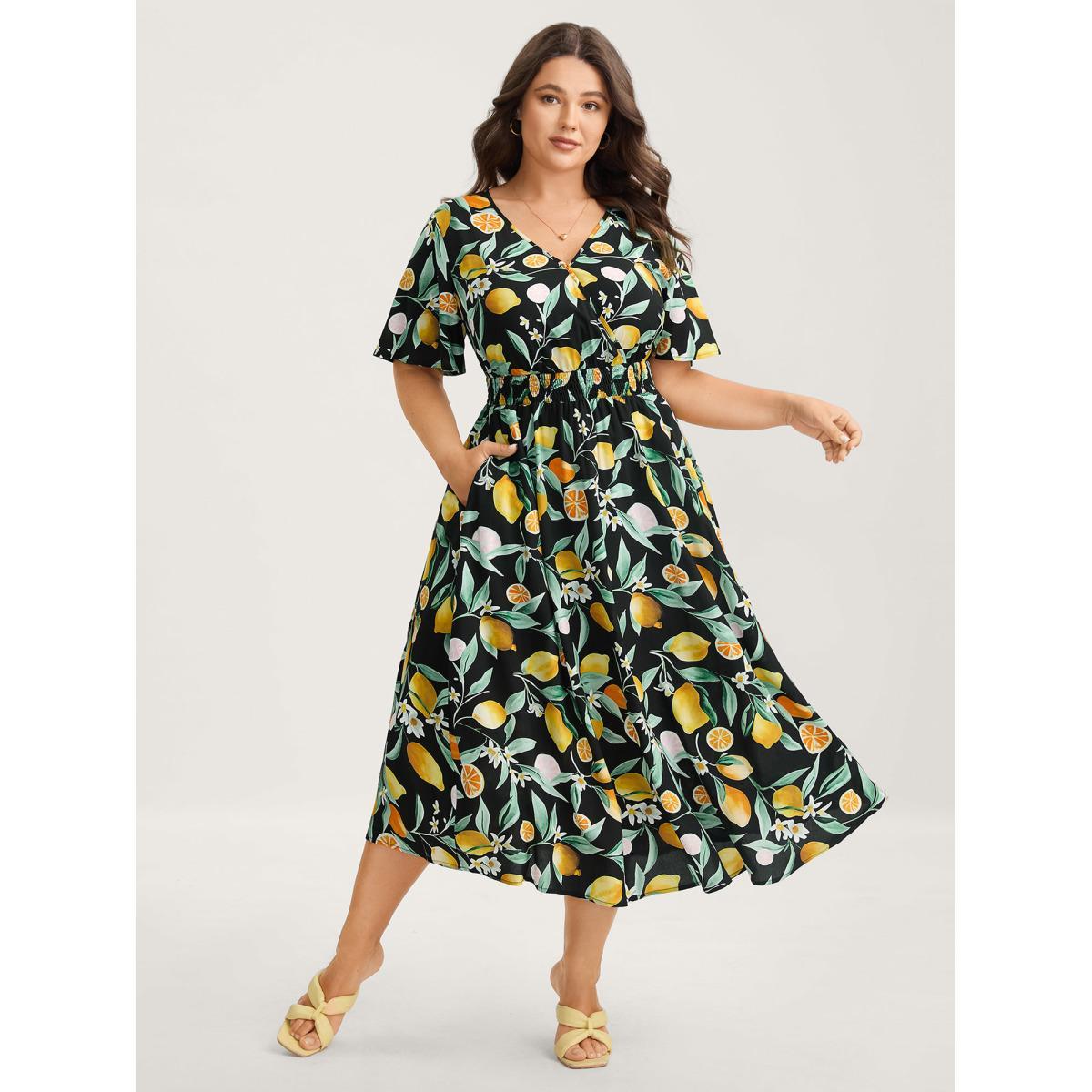 Plus Size Citrus Print Overlap Neck Shirred Midi Dress Black Women Timeless Overlap Collar Short sleeve Curvy BloomChic 14-16/1X Product Image