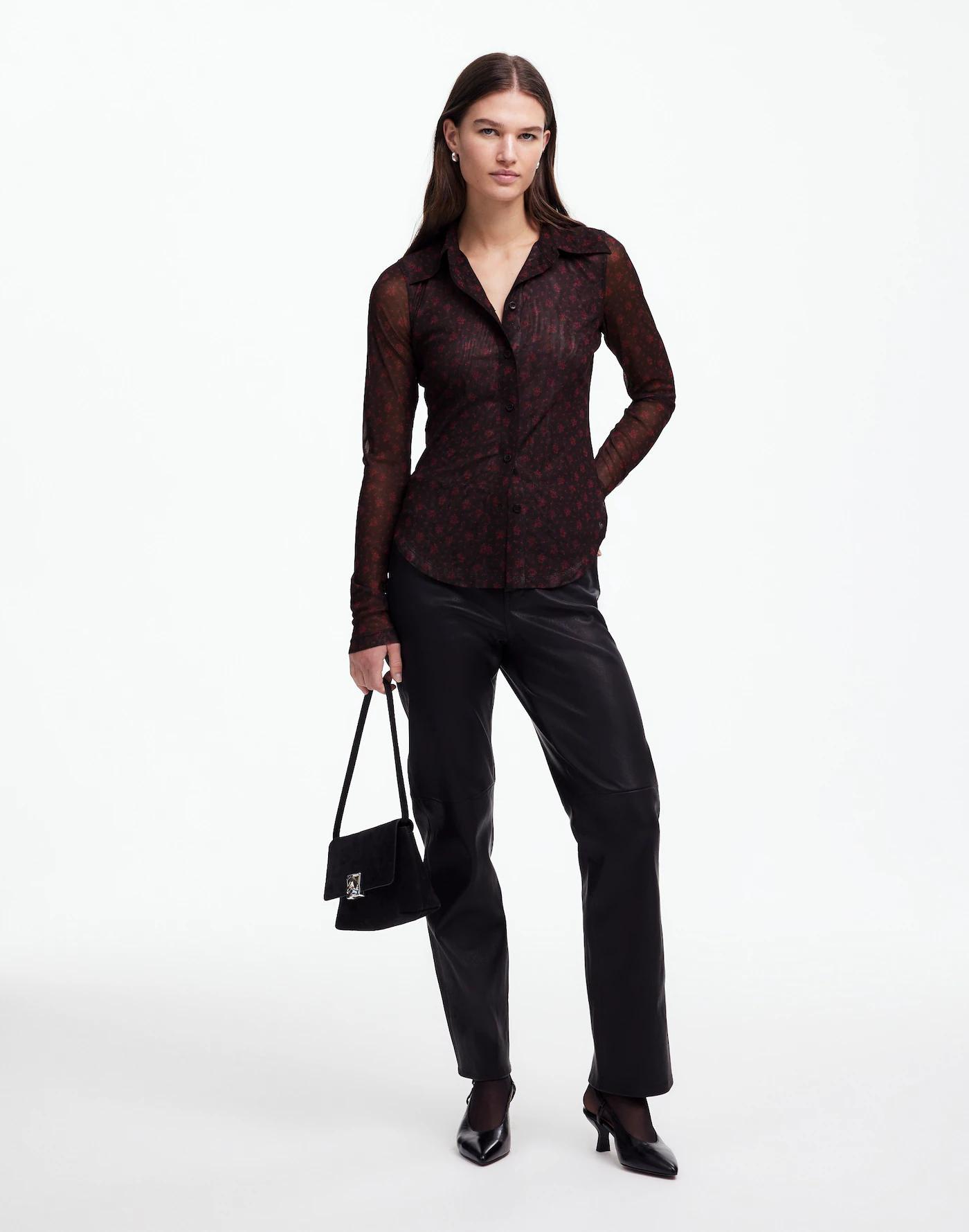 Long-Sleeve Button-Front Top in Floral Mesh Product Image