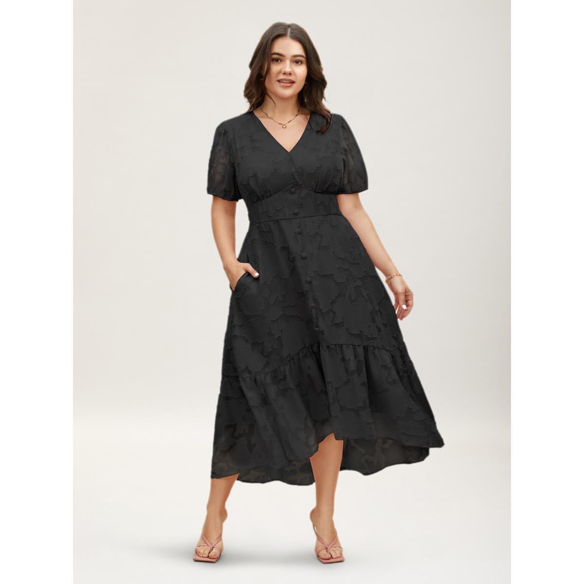 Plus Size Solid Textured Lantern Sleeve Button Detail Dress Black Women Romantic Button V-neck Short sleeve Curvy BloomChic 26/4X Product Image