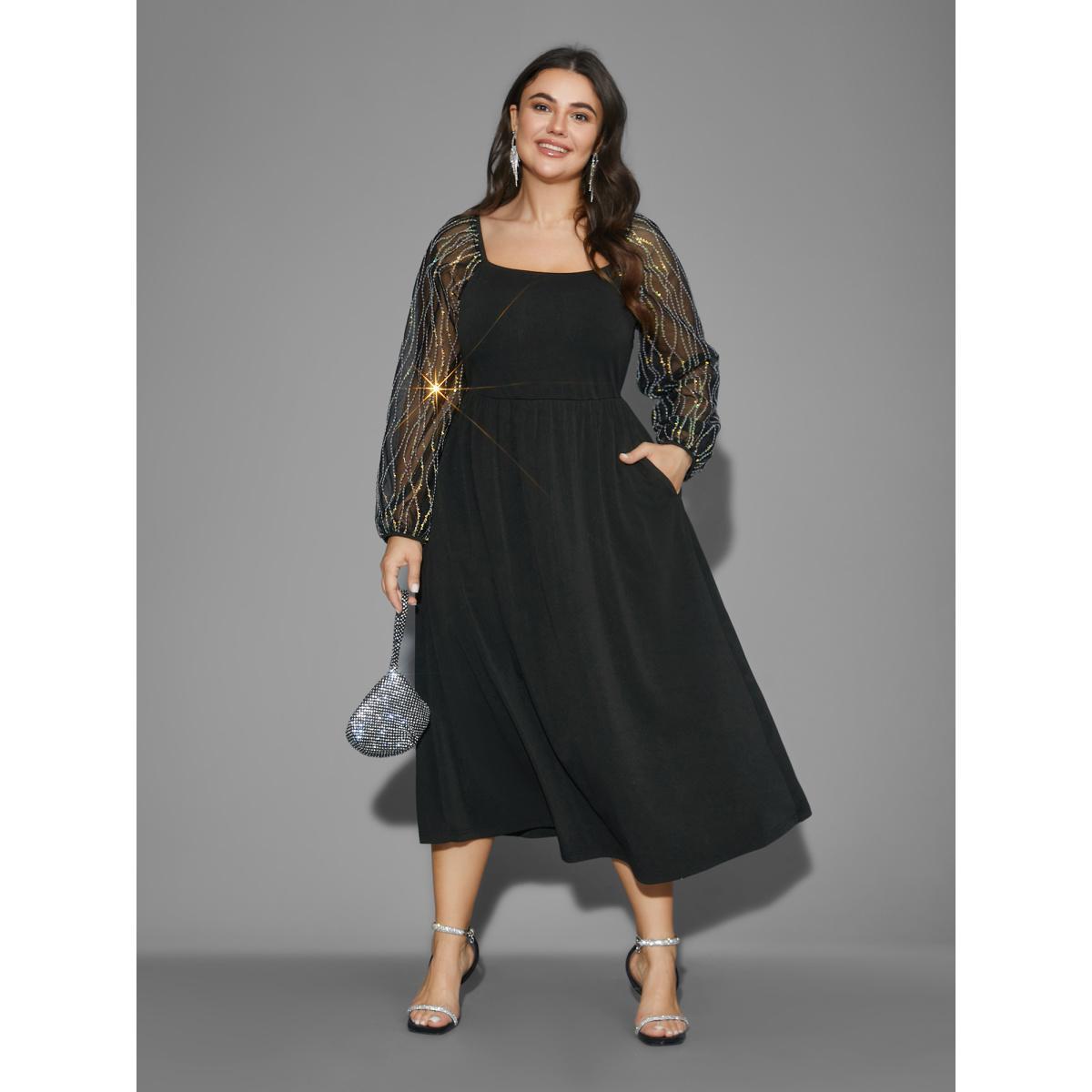 Plus Size Square Neck Patchwork Sequin Mesh Dress DarkGreen Women Cocktail Texture Party Curvy Bloomchic 10/M Product Image