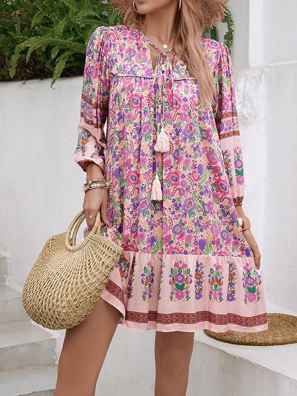 A-Line Loose Contrast Color Drawstring Flower Print Pleated Split-Joint V-Neck Mini Dresses Product Image