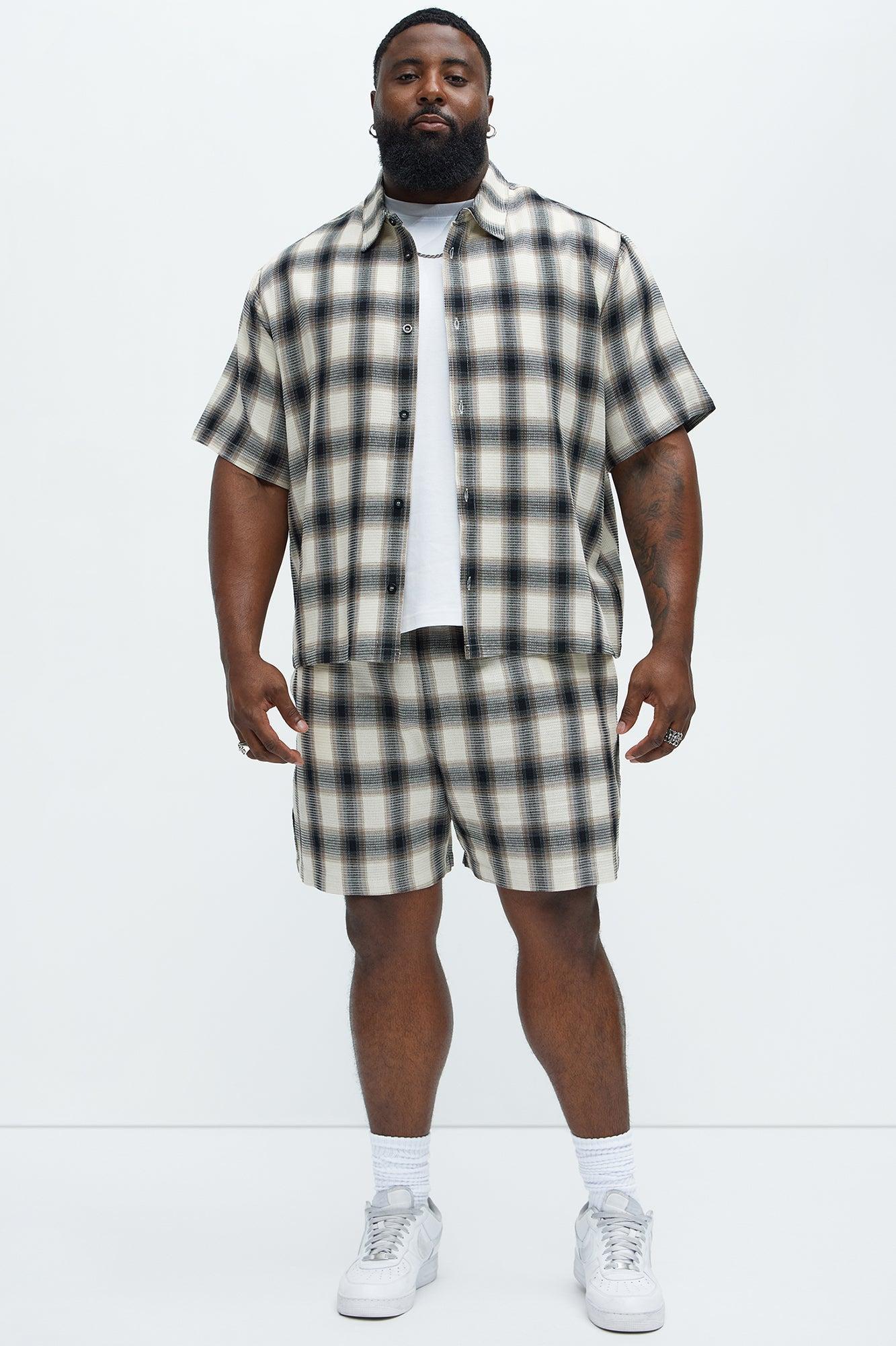 Plaid Waffle Texture Button Up Shirt - Black/combo Product Image