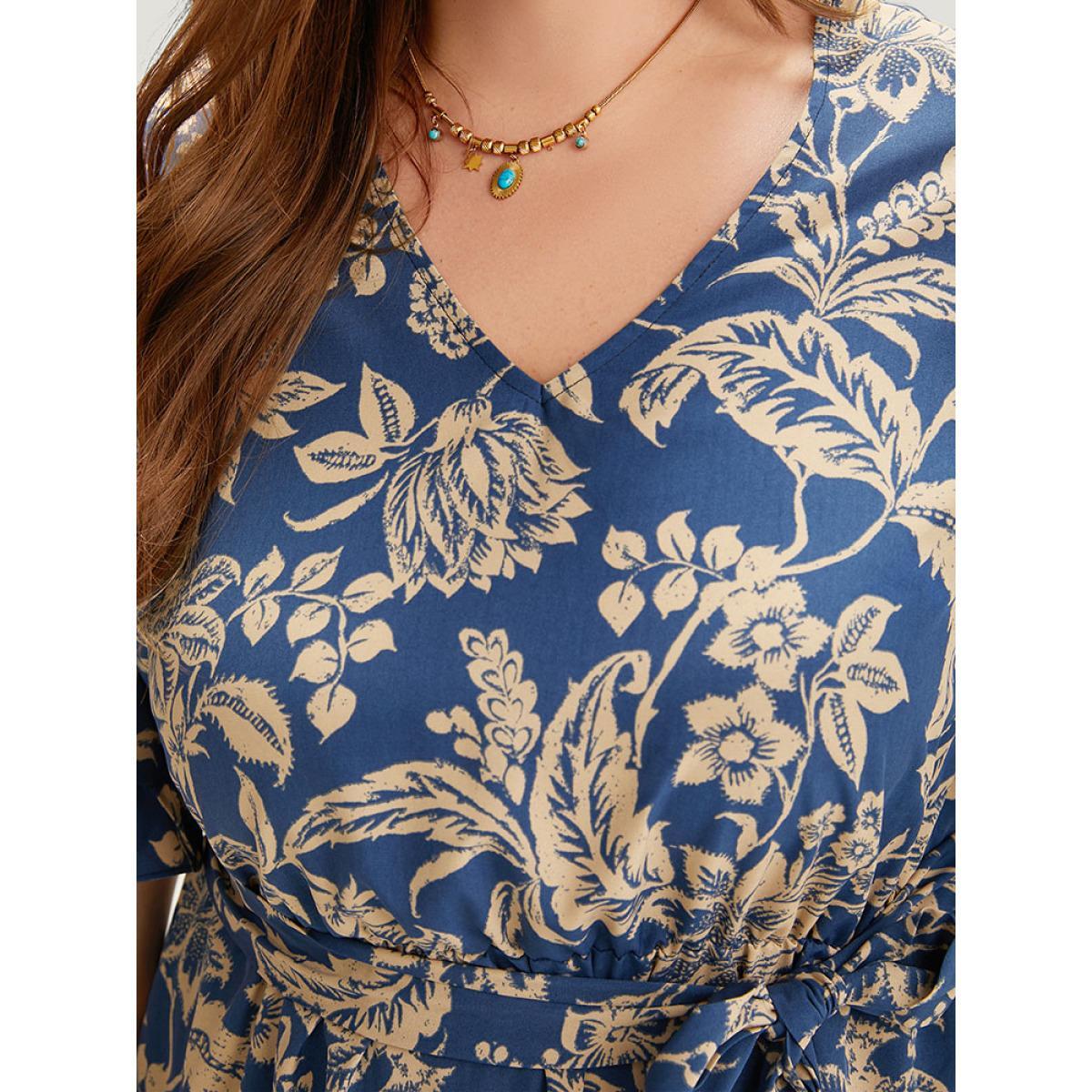 Plus Size Silhouette Floral Print Belted Flutter Trim Dress DarkBlue Women Vacation Gathered V-neck Short sleeve Curvy Midi Dress BloomChic 26/4X Product Image