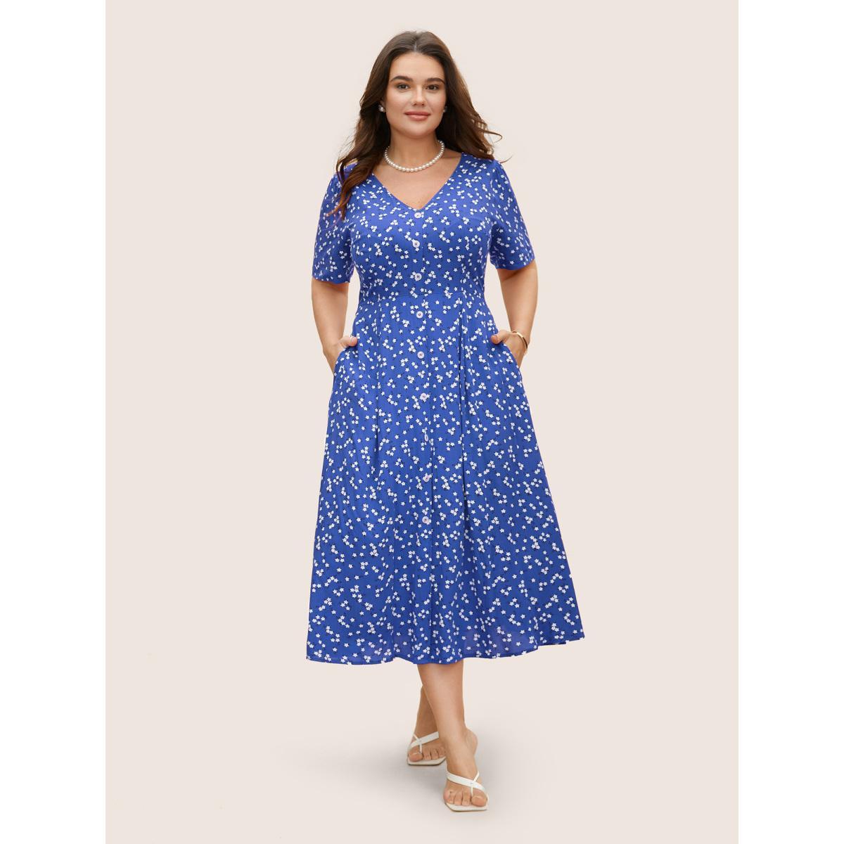Plus Size Ditsy Floral Button Detail Elastic Waist Midi Dress Mediumblue Women Elegant Gathered V-neck Short sleeve Curvy BloomChic 30/6X Product Image